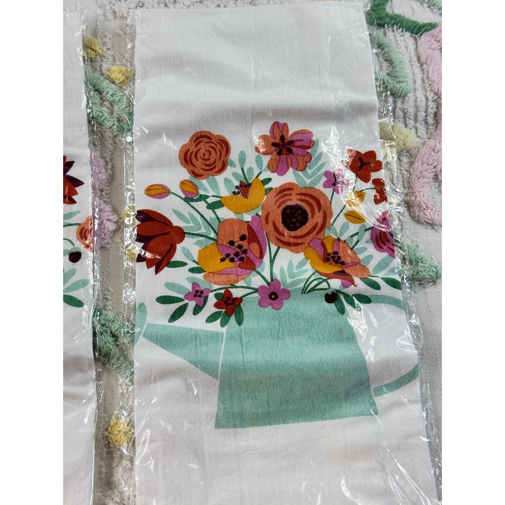 Twos Company Floral Tea Towels Set of 2 Cotton Ruffle Watering Can Pot White - Picture 2 of 9